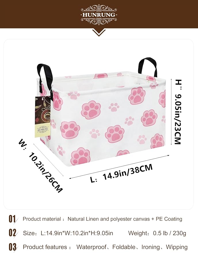 Rectangle Foldable Storage Basket Handles For Home, Pink Paw | Waterproof reinforced handles, perfect for shelf use, organizes clothes, daily items and pet supplies