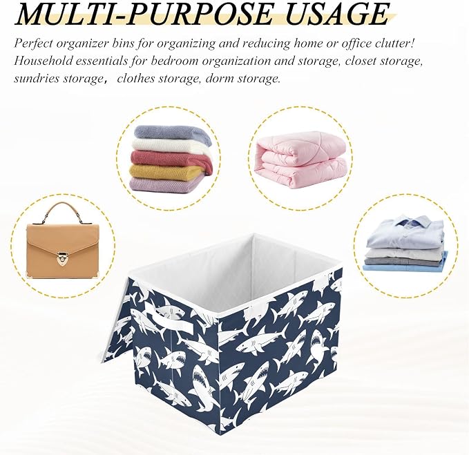 Ocean Angry Sharks Storage Bins with Lids Closet Bedroom 40L Storage Basket | Decorative Storage Boxes, Foldable & Stackable, Dust-Proof Flip Top, Reinforced Handles, For Home & Dorm, Clothes & Toy Box