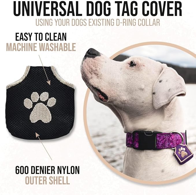 Woofhoof Dog Tag Silencer, Black Pawprint - Quiet Noisy Pet Tags - Fits Up to Four Pet IDs - Dog Tag Cover Protects Metal Pets IDs, Made of Durable Nylon, Universal Fit, Machine Washable