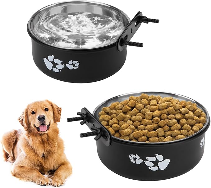 Stainless Steel Dog Crate Bowls Hanging No Spill 2 PCS - Adjustable Mountable Kennel Bowls for Medium/Large Dogs, Anti Spill Water & Food Bowl Set (Black, M(5.5"+6.3"))