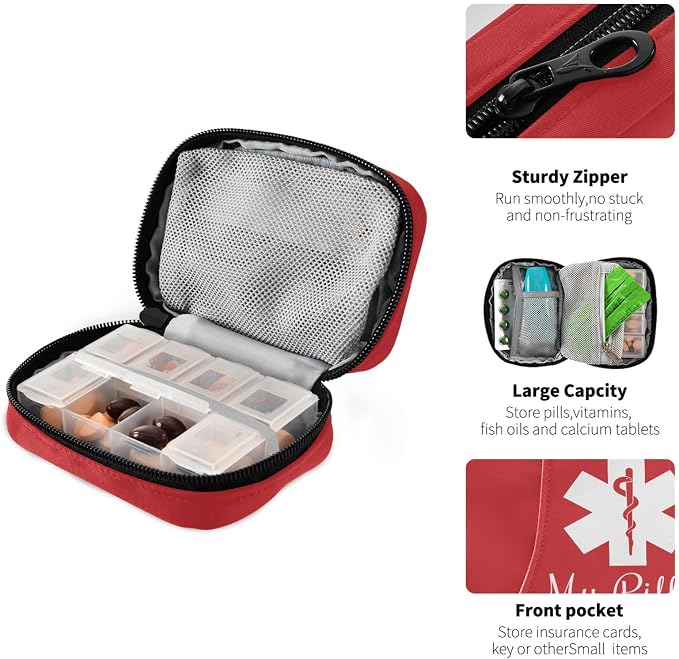 Pill Organizer Medical Sign Pill Box 7 Day Pill Case Bag Travel Pill Organizer Bag with Zipper Portable Weekly Case Compact Size for Vitamin Supplement Holder
