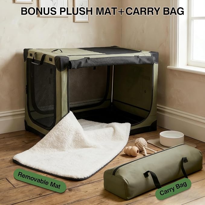 Veraste 33" L x 25" W x 25" H Collapsible Travel Dog Crate, Portable Soft Dog Kennel for Medium Large Dogs up to 60 lbs, 4-Door Foldable Travel Crate with Durable Mesh & Storage BagGreen | 4-Door Foldable Travel Crate,breathable mesh, foldable with sto...