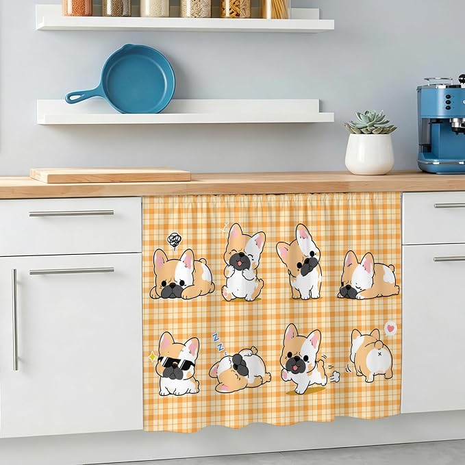 Cute Puppy Oven Skirt Curtain for Kitchen Decor 28"x35", Orange Beige Plaid Modern Funny Dogs Pet Self Adhesive Stove Curtains Skirt Cabinet Curtains for Bathroom Laundry Room