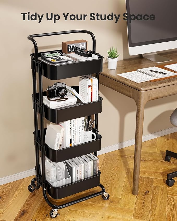 Pipishell Metal 4 Tier Rolling Cart with Handle & 2 Lockable Wheels, Black | Four Large 2" Wheels for Easy Motion, Sturdy Metal, Hold 22 lbs per Shelf, Ideal for Nursery Room, Living Room, Painting Room