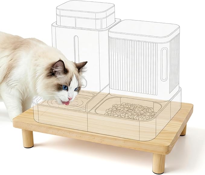 Large Cat Food Stand for Automatic Feeder & Bowls, 15.7" x 11.8" Heavy Duty Solid Wood Cat Bowl Stand, 2.8" Raised Wooden Cat Feeding Table Station with Anti-Slip Feet