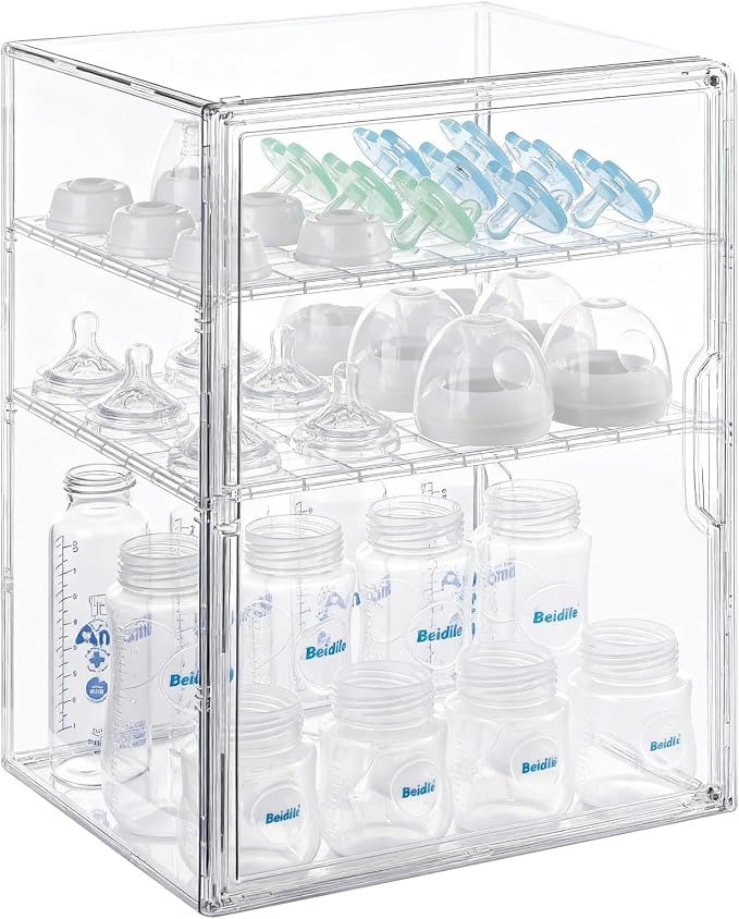 ERTIUANIO Baby Bottle Organizer – 3 Tier Bottle Storage Organizer Baby for Nipples, Pump Parts, Food Jars – Clear Acrylic Bottle Station Organizer for Countertop and Kitchen, Gifts for New Mom