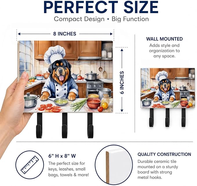 Caroline's Treasures Tibetan Mastiff The Chef Leash or Key Holder Wall Hooks, Key Hooks Holder, Coat Rack Wall Mount, Coat Hooks, Hooks for Hanging Keys, Towels, Aprons, Leashes | Tibetan Mastiff The Chef artwork on ceramic tile with three steel hooks ...
