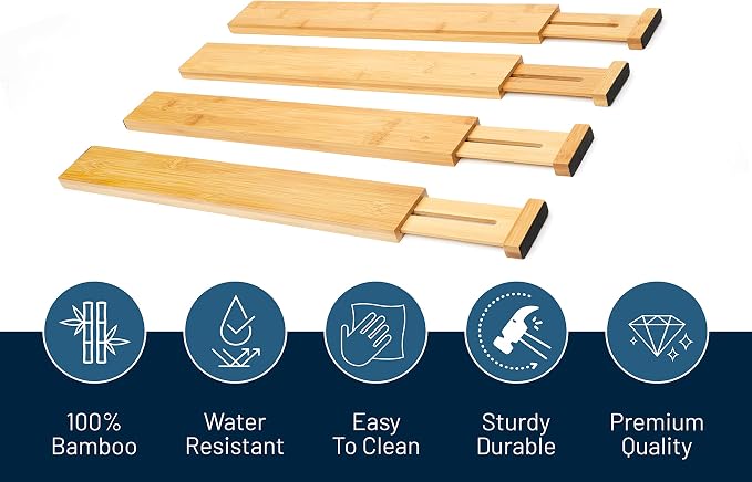 RoyalHouse Adjustable Bamboo Drawer Dividers, 4-Pack (18" - 22") | Large Drawer Organizer , Expandable Drawer Separators for your Kitchen, Bedroom, Bathroom, Dresser, Office, and More