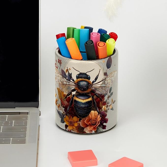 Faux Leather Pen Holder for Desk, Pencil Organizer Cute Bee Pen Cup Desk Decor Makeup Brush Holder Storage for Office Home