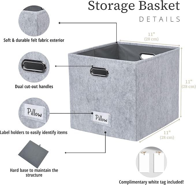 DECOMOMO Felt Storage Bins, 11 inch Cube Storage Bin with Labels | 6 Pack Storage Baskets for Shelves, Kallax (Light Grey)