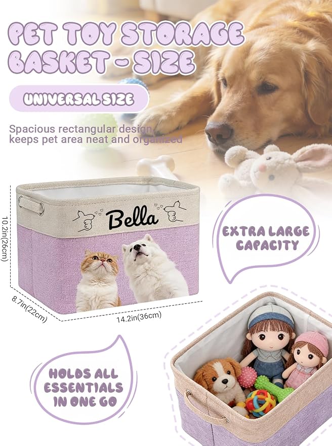 Personalized Dog Toy Storage Basket Bin with Pet's Name & Photo, Custom Collapsible Rectangular Organizer for Dog Cat Toys, Clothes, Blankets & Pet Supplies (Purple)