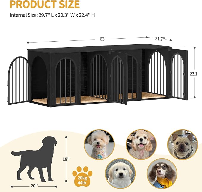 Hzuaneri 63" Double Dog Crate Furniture, Dog Kennel Indoor with Cushion | Heavy Duty Dog Crate Furniture for 2 Dogs,Dog Cage End Table TV Stand with Divider for Med-Large Dogs,Black DFC80904B