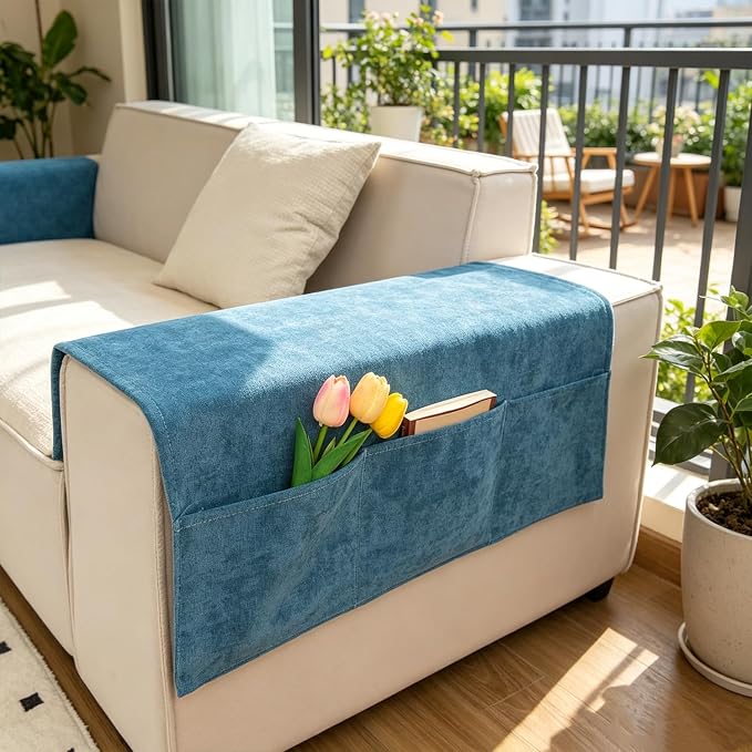 Sofa Armrest Cover with Pockets Set of 2 Solid Color Furniture Protector Slip Chenille Non Slip Recliner Organizer Remote Holder Caddy Accessories for Living Room Bedroom 24*43.3 Inch Dark Blue
