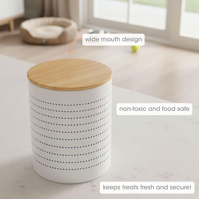 Pearhead Blue Dots Ceramic Dog Treat Jar with Airtight Wooden Lid | 4 Cup / 32 oz, Cute Pet Treat Canister Keeps Dog Snacks Fresh – Durable, Easy-to-Clean Design, Kitchen Counter Décor