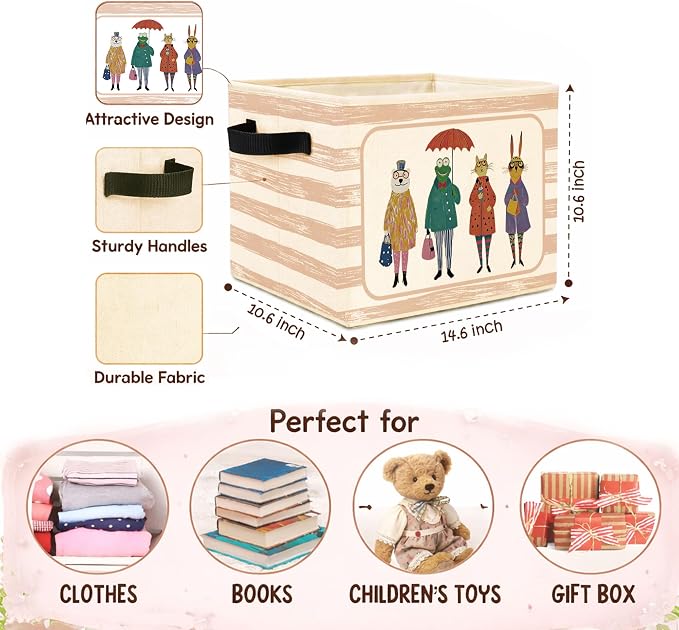 Animal Storage Bin, Foldable Fabric Basket for Kids Room Nursery | Foldable fabric storage bin with rainy day animal design for toys, books, clothes, nursery, bedroom, and playroom use.