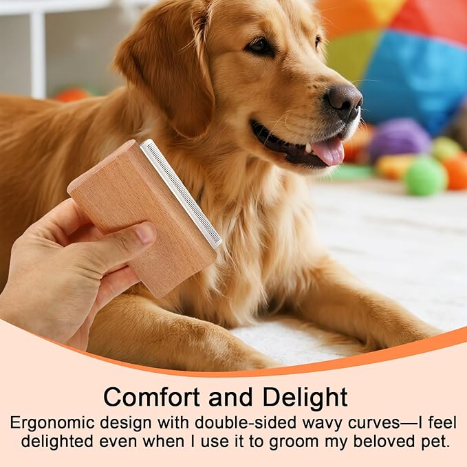 Dog Deshedding Brush, Wooden Pet Kitten Hair Shedding Grooming Brush Tool with Fine Comb Teeth Puppy Kitty Deshedding for Small Medium Large Dog Cat with Long Short Straight and Wavy Fur(Wood Color)