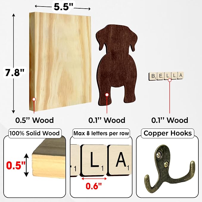 Labrador Retriever Dog Leash Holder Wall Mount with Scrabble Letters, Wooden Dog Wall Hook Organizer, Pet Collar and Harness Holder Entryway, Key Hook & Leash Rack, Home Decor for Pet Lovers PF297-48