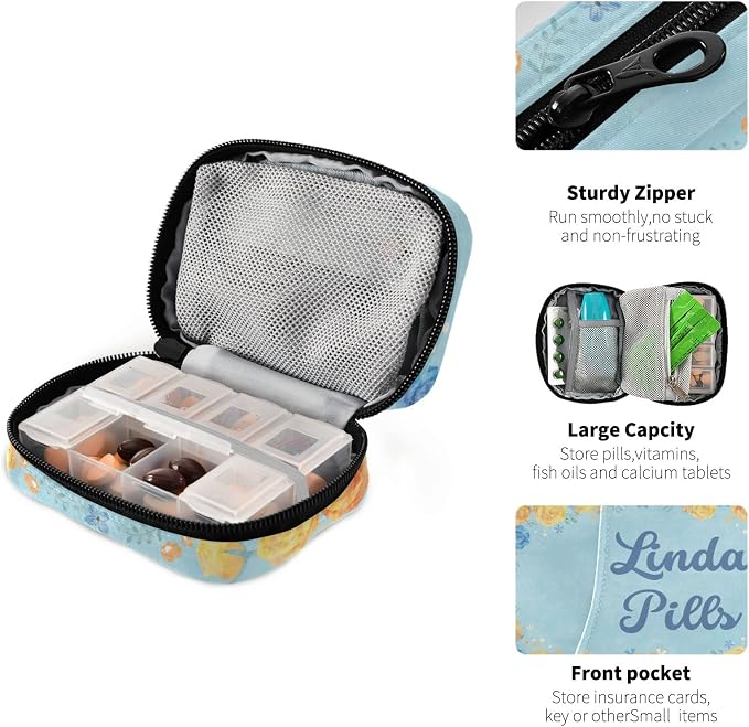 Custom Pill Box 7 Day Pill Case Bag Blue Yellow Flower Personalized Name Travel Pill Organizer Bag with Zipper Portable Weekly Case Compact Size for Vitamin Supplement Holder