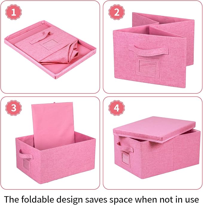 Storage Bins With Lids Closet Organizer Cabinet Box For Clothes,Toys,Shelf | 2 Pack, 17"X 12"X 2", Collapsible, Stackable, Dustproof, Built-In Handle, Label Slot, Linen Fabric, Cardboards, Pink