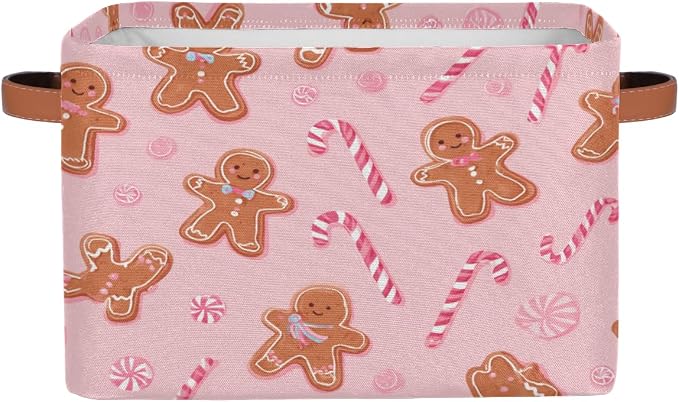 Pink Candy Gingerbread Storage Bins Christmas Nursery Baskets Waterproof Closet Organizer with Handle Collapsible Shelf Containers Storage Box for Books Cloth 15 X 11 X 9.5 IN