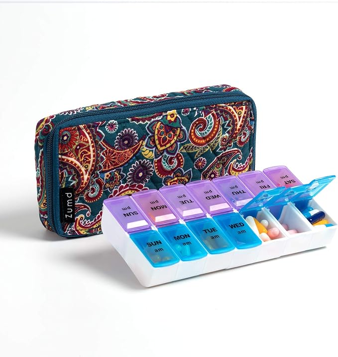 Weekly Pill Organizer 2 Times a Day, Zumd Pill Box 7 Day with Cute Quilted Fabric Zipper Case, Travel Pill Case Am Pm for Vitamin Medicine Organizer