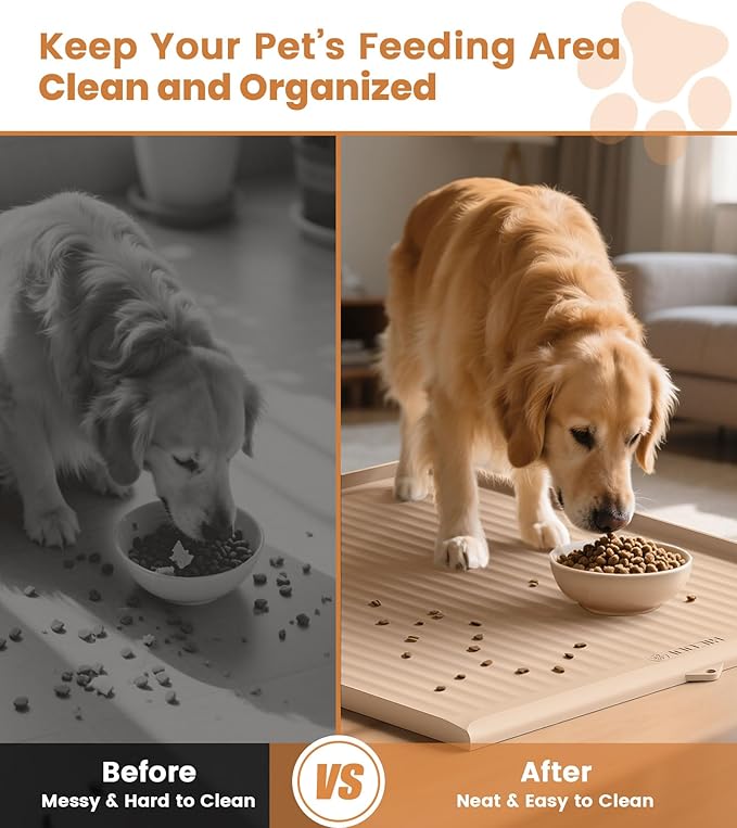 Dog Food Mat 36"x24", Waterproof Dog Bowl Mat, Khaki | Raised Edges Prevent Spills, Diversion Grooves, Waterproof Surface, Non-slip Backing, Easy to Clean