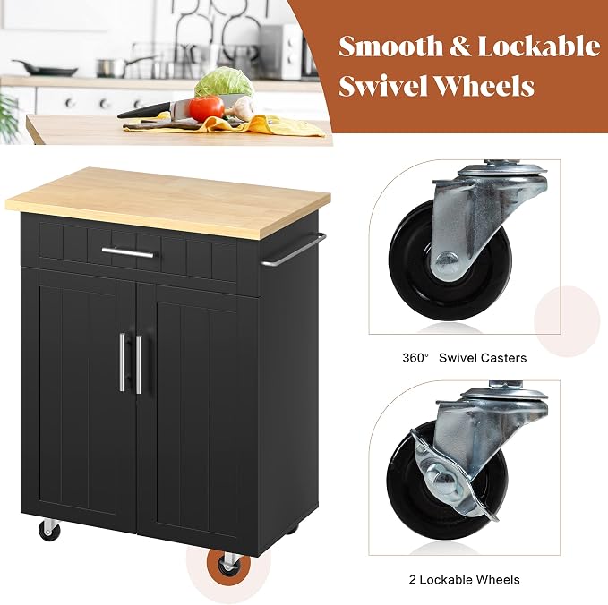 JY QAQA 26" Kitchen Island on Wheels with Storage Cabinet Kitchen Cart Cabinet with Shelves, Cart Handle for Towel Rack or Free Mobility, Portable Islands for Kitchen,Black