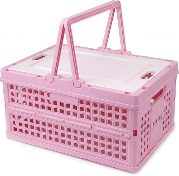 Collapsible Storage Crate, Foldable Plastic Basket with Lid and Handle, Foldable Storage Box Crate Bin for Home Kitchen Office Bathroom Bedroom Pantry (Pink-Hollow)