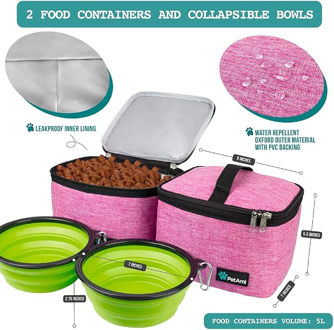 PetAmi Dog Travel Bag Organizer, Pet Supplies Tote Diaper Bag, Pink Large | Pet Travel Kit with 2 Food Containers & 2 Collapsible Dog Bowls, Luggage Sleeve, Weekend Getaway Road Trip Camping Essentials
