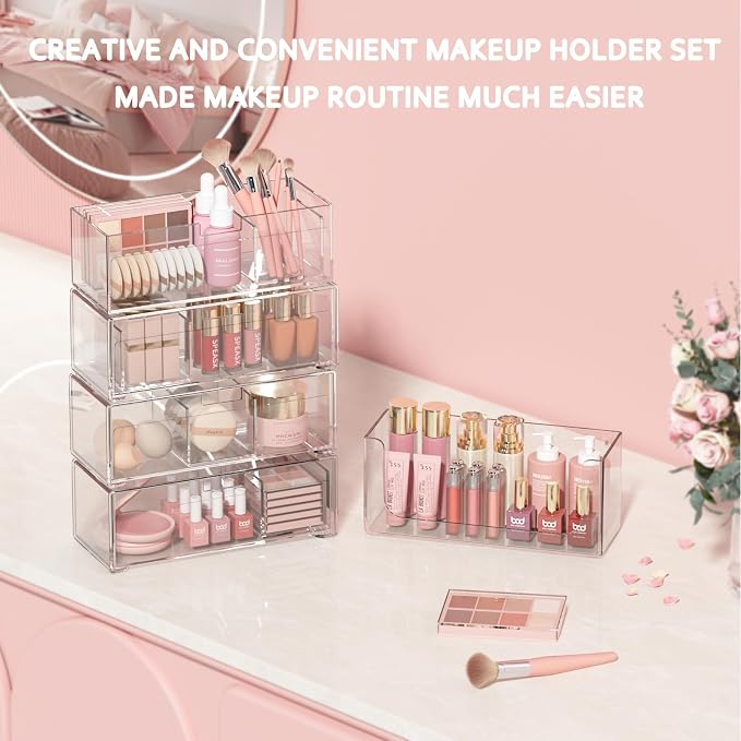 Bathroom Drawer Organizer Stackable Storage Drawers Clear Plastic Storage Bins Medicine Cabinet Organizer Makeup Organizers w Removable Divider Home Workspace Office Desktop Vanity Gift Idea 3Pack