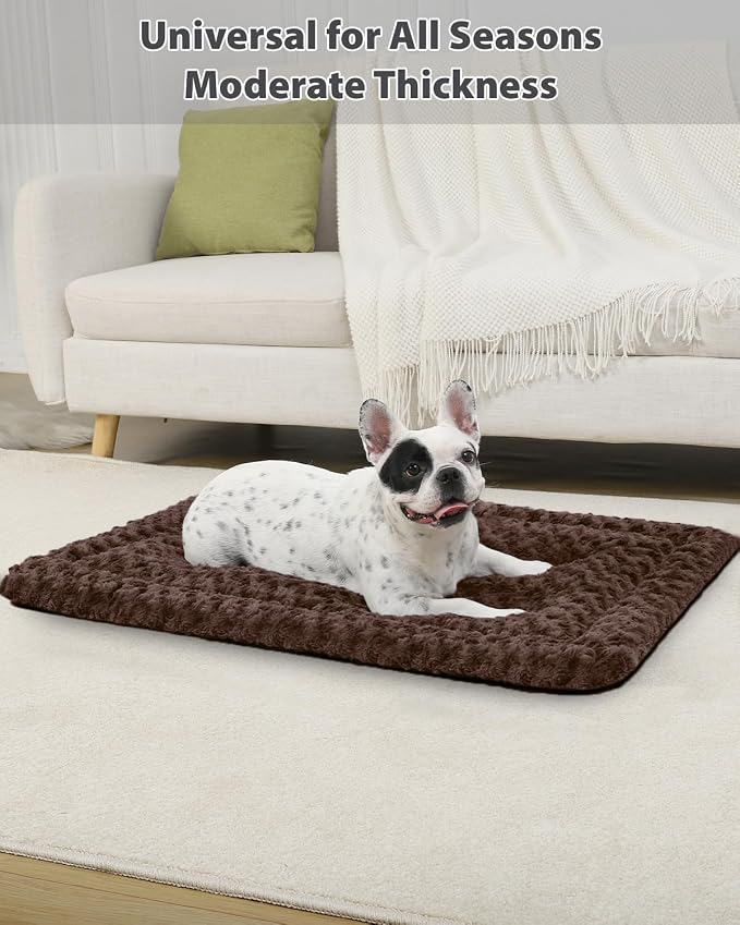 Exsnugy Washable Dog Bed Mat Medium Size Fluffy Pet Crate Pad 30x19 | Non-Slip Bottom Kennel Beds Ultra Soft Comfy Sleeping Mattress for Large Medium Small Dogs Brown