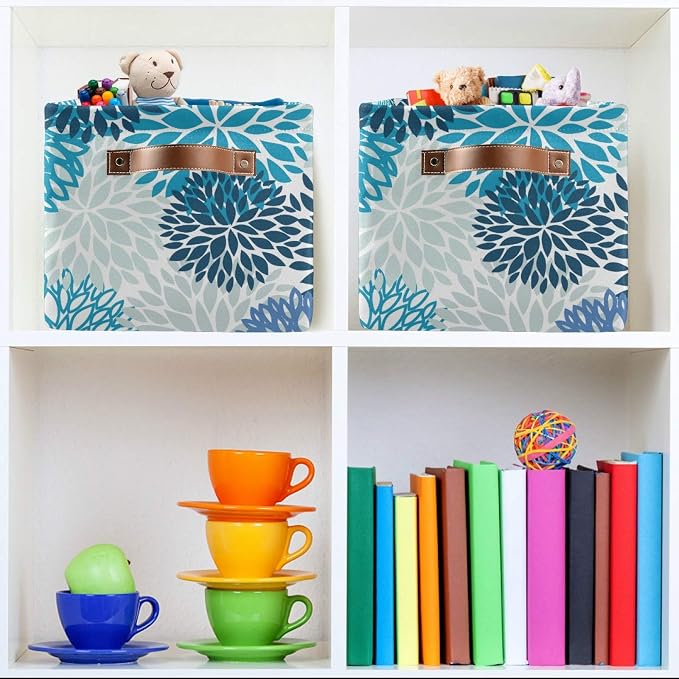 susiyo Large Foldable Storage Bin Blue Navy Chrysanthemum Flowers Fabric Storage Baskets Collapsible Decorative Baskets Organizing Basket Bin with PU Handles for Shelves Home Closet Bedroom-1Pack