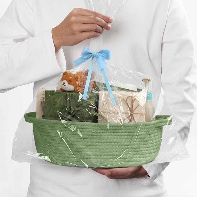 Green Woven Basket, 13" x 9" x 5" Baskets for Gifts Empty, Cute Cotton Rope Cat Dog Toy Bin Box, Small Woven Bin for Organizing, Green Room Decor, Nursery Baby Cloth Diaper Storage Organizer
