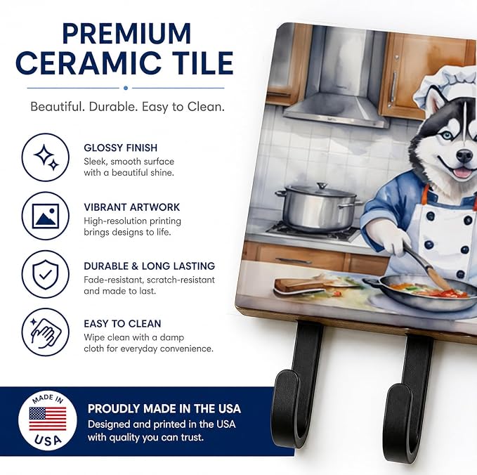 Caroline's Treasures Siberian Husky The Chef Leash or Key Holder Wall Hooks, Key Hooks Holder, Coat Rack Wall Mount, Coat Hooks, Hooks for Hanging Keys, Towels, Aprons, Leashes | Siberian Husky The Chef artwork on ceramic tile with three steel hooks fo...