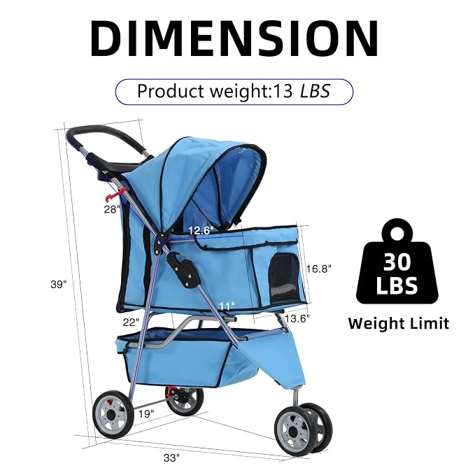Dog Cart, 3 Wheels Pets Stroller, Folding Carrier Waterproof Puppy Stroller with Cup Holder & Removable Liner, Dog Strollers for Small Dogs, for Small and Medium Pets (Blue)