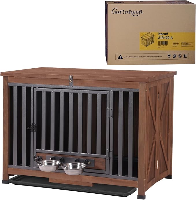 GUTINNEEN Dog Crate Furniture with Bowl for Travel Foldable Dog Crate with Chew-Proof Design Pull-Out Tray Carrying Puppy Cage (Brown)