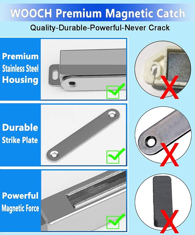 WOOCH Magnetic Door Catch - 50lb High Magnetic Stainless Steel Heavy Duty Catch for Kitchen Bathroom Cupboard Wardrobe Closet Closures Cabinet Door Drawer Latch (Silver, 2-Pack)