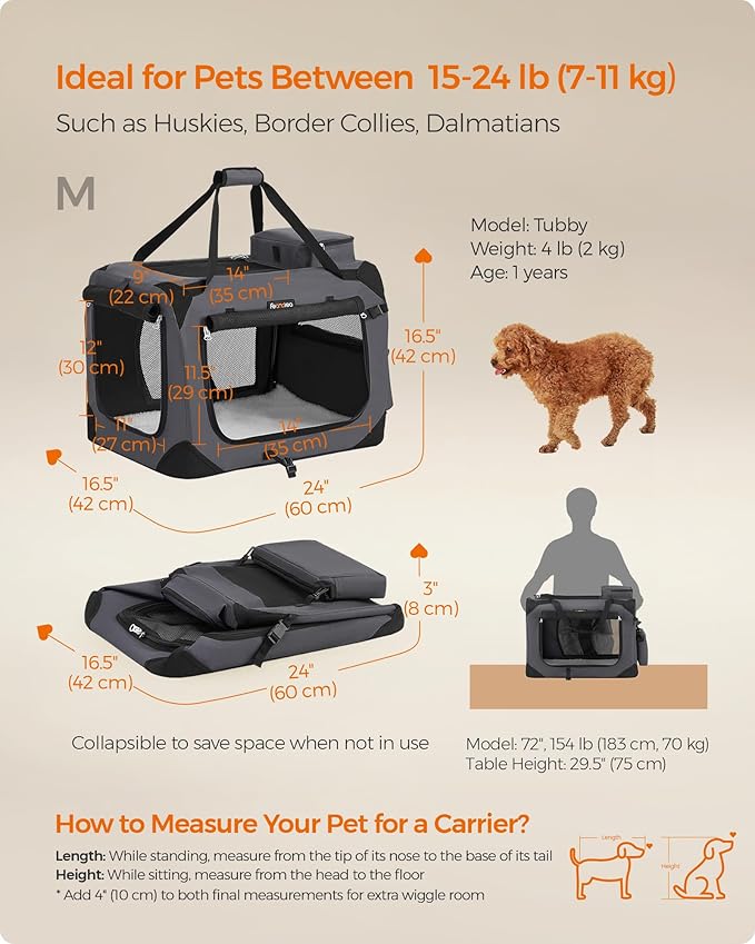 Feandrea Collapsible Soft Dog Crate, Portable Travel, 24 Inches | Dog Carrier Kennel with Safety Zippers for Living Room, Car, Travelling, Gray UPDC60GY