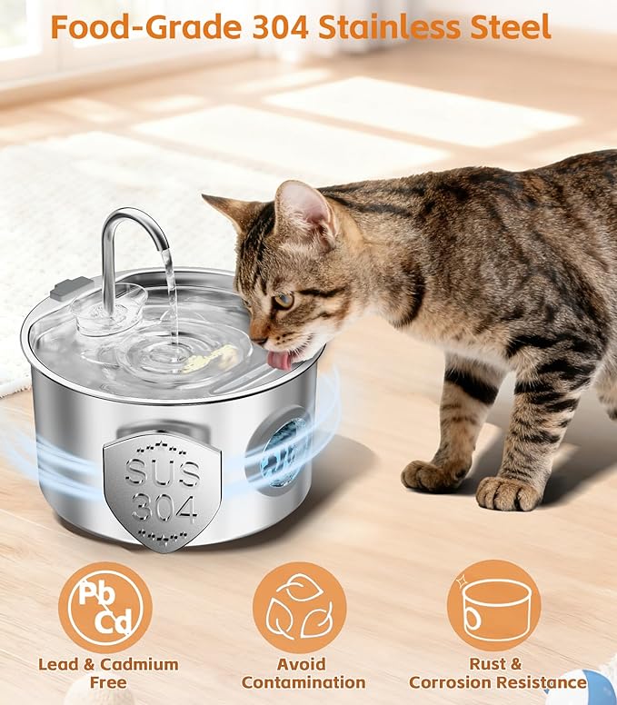 3.2L Cat Water Fountain Stainless Steel with 20 Filters Automatic Pet Water Fountain for Cats/Dogs Indoor Ultra Quiet Metal Cat Fountains for Drinking Kitty Watering Supplies for Animals
