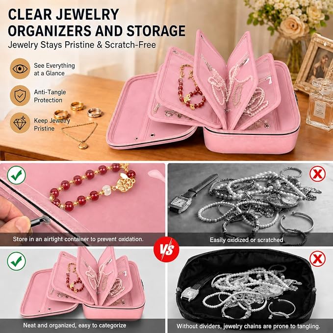 Fireproof Travel Jewelry Organizer Case with Lock & 6 Binder Pages | Silicone-Coated Fiberglass, Tangle-Reducing Layout Clear Storage Book for Necklaces Earrings Rings Bracelets-Bag Only Pink