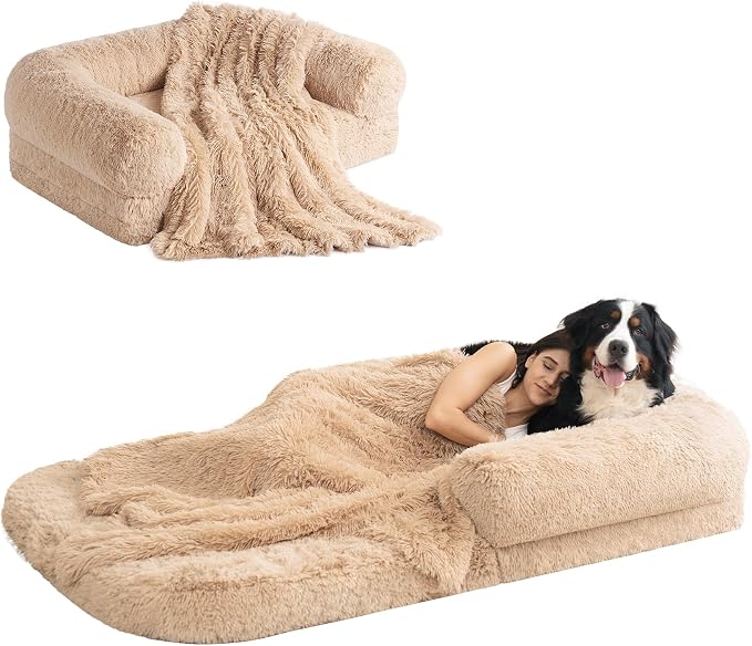 EHEYCIGA Orthopedic Foldable Human Dog Bed - 72x44x11, Camel | Memory Foam Human Sized Dog Bed, Waterproof Pet Bed for People, Faux Fur Pet Couch for Adult with Non-Slip Bottom