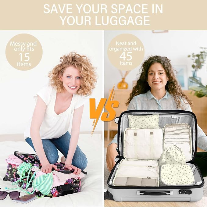 KPX 8 Set Packing Cubes for Travel, Luggage Packing Organizers Accessories Large Toiletries Bag for Clothes Shoes Cosmetics (8Set-Gray Flower)