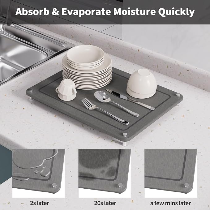 Dish Drying Stone, Water Absorbing Stone Dish Drying Mats for Kitchen Counter, Non-Slip Stone Drying Sink Tray Pad for Dish Bottles Cups, Diatomaceous Earth Sink Caddy Organizer, Grey