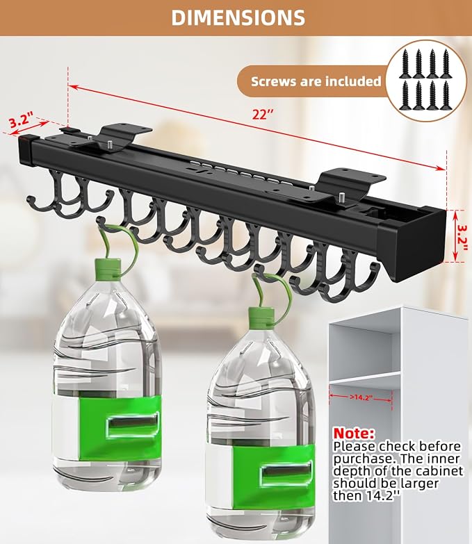 Pull Out Broom Holder With Adjustable Double Row Sliding Hook-Black 22in | High Load Capacity, Multifunctional Slide Broom And Mop Storage/Garage Organization Hooks, for Closet Laundry, kitchens