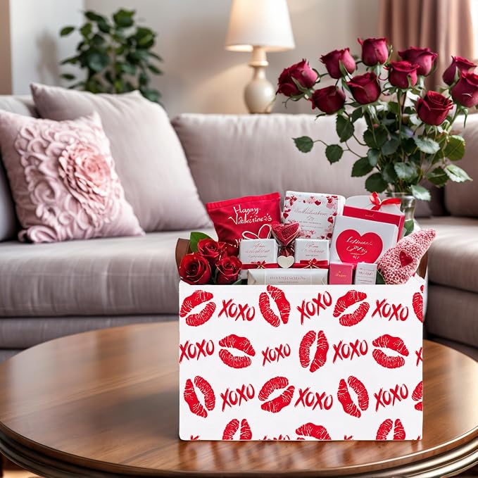 Valentine's Day Basket for Gifts Empty Cute Heart Large Gift Basket Decorative Storage Bin for Kid and Baby Room Décor (XOXO Red Lips)