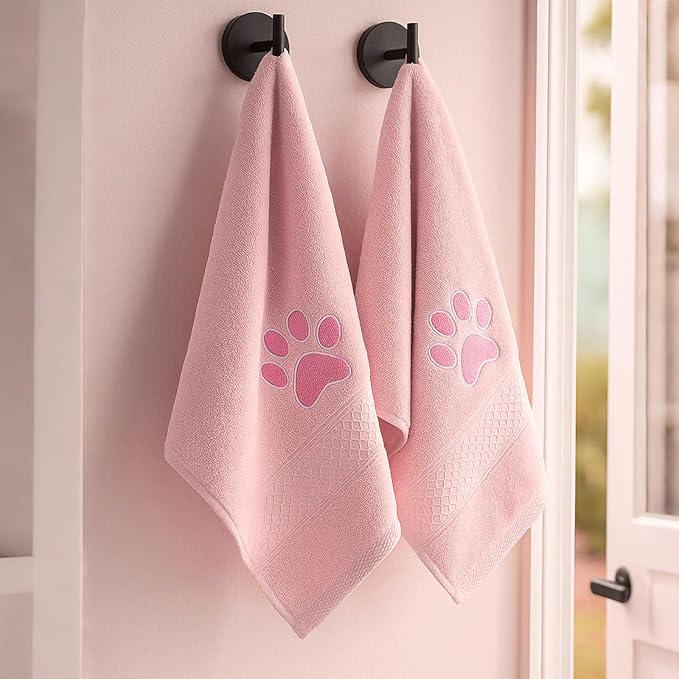 SmoothNovelty 2 Pcs Dog Paw Hand Towels Pink Bathroom Decor 13 x 29 Inch 100% Cotton Embroidered Soft Hand Towels Absorbent Farmhouse for Kitchen Restroom
