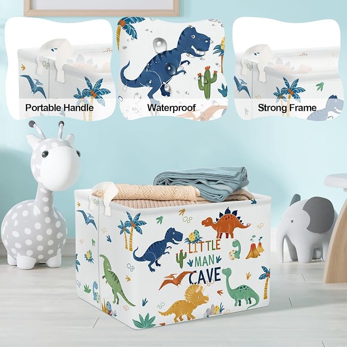 Clastyle Large Boho Dinosaur Pterosaur Boy Book Toy Storage Basket Dino Palm Tree Clothes Laundry Hamper for Kid Room Nursery, Colorful 36L