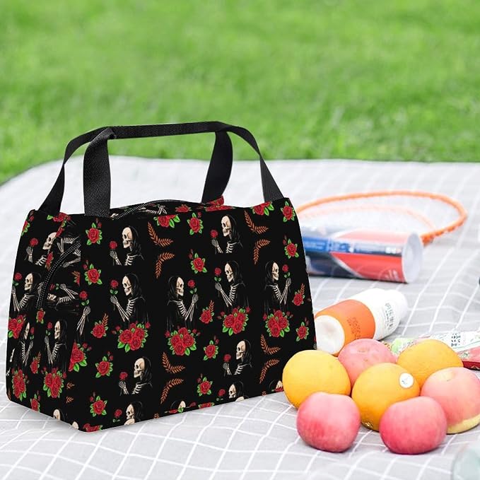 Leakproof Insulated Lunch Bag, Skeleton Love Roses Flowers | Large Capacity Cooler Tote Bags, with Zipper Closure, Versatile Food Carrier Bag, for Picnic Climbing Fishing