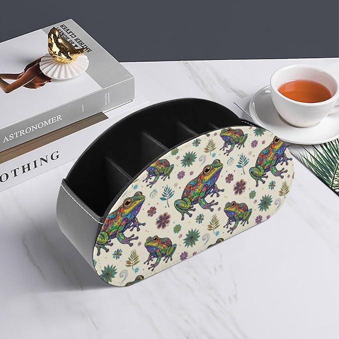 TV Remote Control Organizer Abstract Frog Caddy Box with 5 Compartment | Abstract Frog, PU Leather Desk Storage Bag Fits Controller, Makeup Brushes, Media Player, Office Supplies