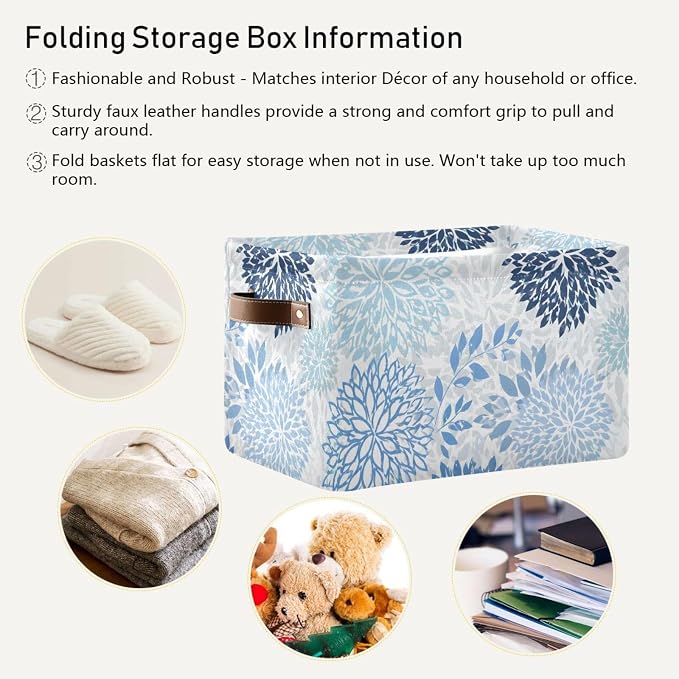 susiyo Large Foldable Storage Bin Blue Navy Chrysanthemum Flowers Fabric Storage Baskets Collapsible Decorative Baskets Organizing Basket Bin with PU Handles for Shelves Home Closet Bedroom-2Pack